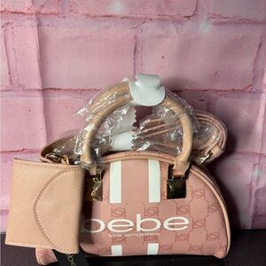 bebe Blush Mini Dome Satchel with White Stripes and Gold Hardware